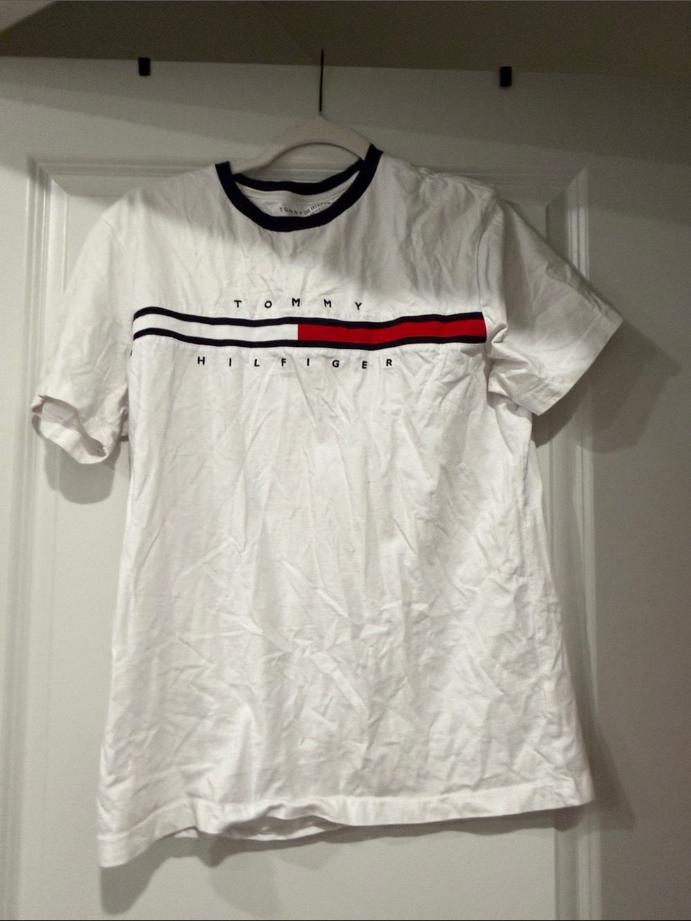Tommy Hilfiger White Crewneck T-Shirt with Navy & Red Stripe